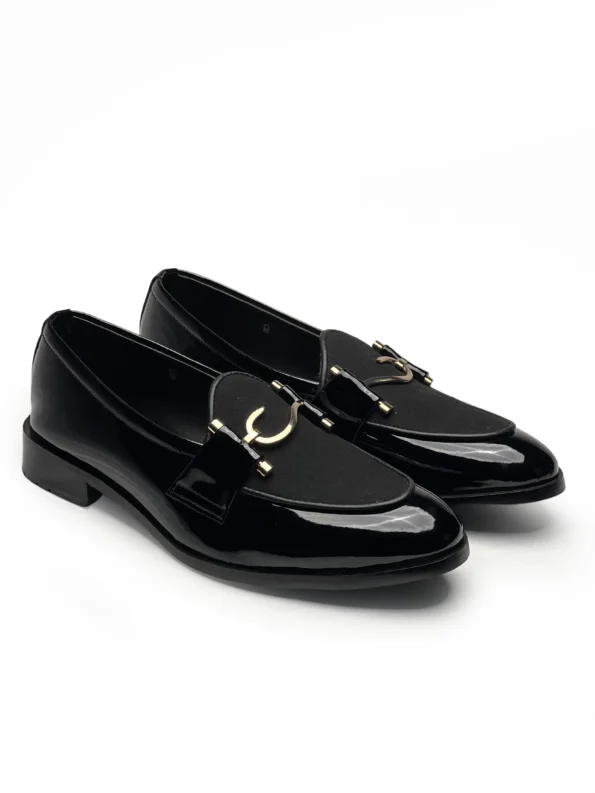 S Buckle Black Shiny & Suede Men Shoes